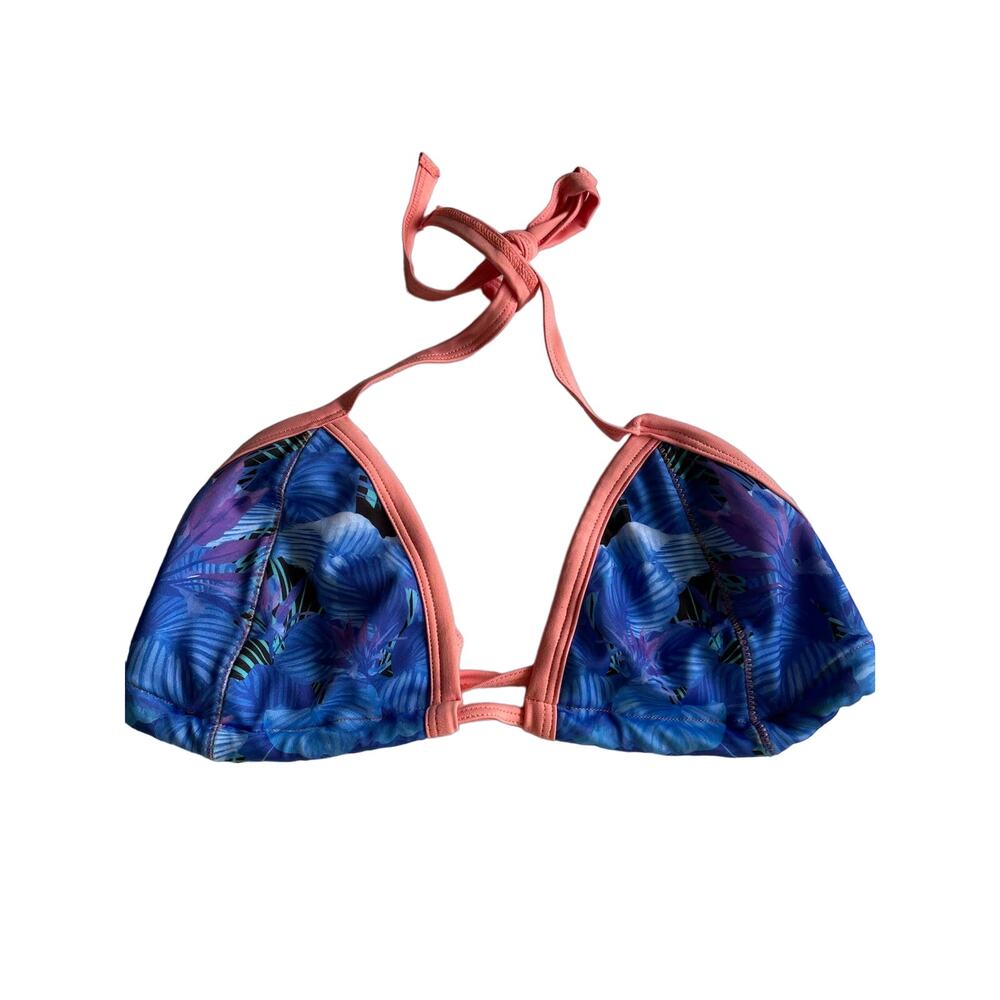 Mapale Blue Hibiscus Print triangle string bikini top removeable pads Size Med